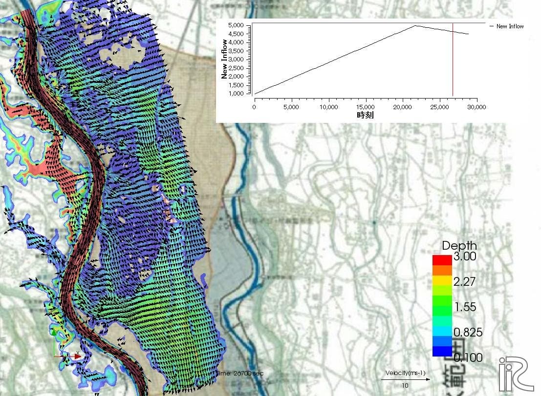 2015年鬼怒川洪水の氾濫を再現した計算結果(浸水深と流速ベクトル)