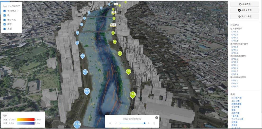 3D の都市モデルの中に川の流速・水深と危険箇所を表示したシミュレーション画面